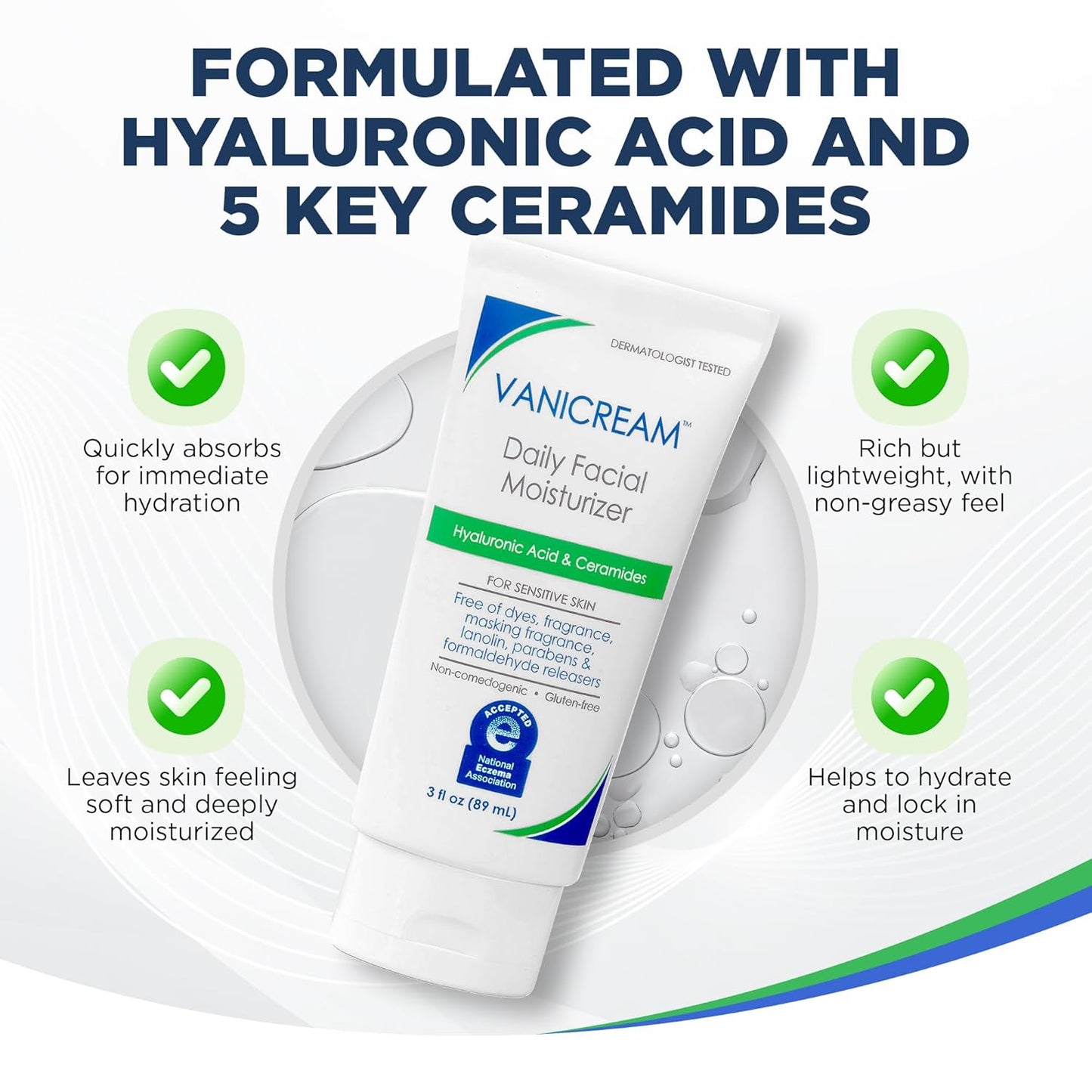 Vanicream Daily Facial Moisturizer With Ceramides and Hyaluronic Acid - Formulated Without Common Irritants for Those with Sensitive Skin, 3 fl oz (Pack of 1)