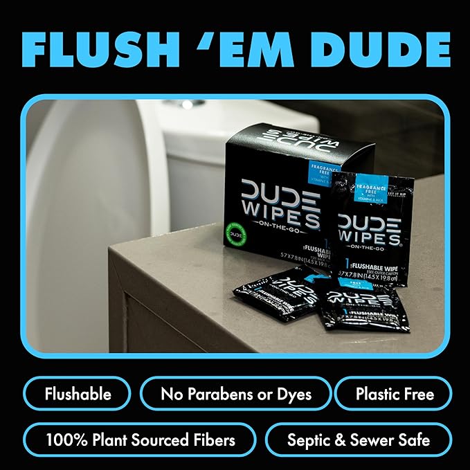 DUDE Wipes On-The-Go Flushable Wipes - 1 Pack, 30 Count - Unscented Extra-Large Individually Wrapped with Vitamin E & Aloe - Septic and Sewer Safe