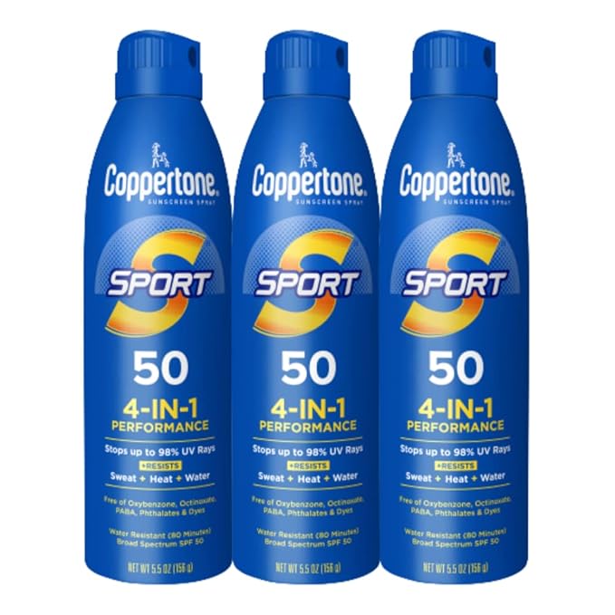 Coppertone Sport Sunscreen Spray SPF 50, Pack of 3, 5.5 Oz Bottles | Sweat, Heat and Water Resistant | Lightweight | Oxybenzone Free | Bulk Pack | Packaging
