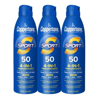 Coppertone Sport Sunscreen Spray SPF 50, Pack of 3, 5.5 Oz Bottles | Sweat, Heat and Water Resistant | Lightweight | Oxybenzone Free | Bulk Pack | Packaging