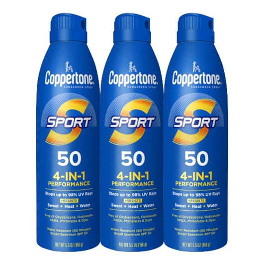 Coppertone Sport Sunscreen Spray SPF 50, Pack of 3, 5.5 Oz Bottles | Sweat, Heat and Water Resistant | Lightweight | Oxybenzone Free | Bulk Pack | Packaging