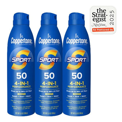 Coppertone Sport Sunscreen Spray SPF 50, Pack of 3, 5.5 Oz Bottles | Sweat, Heat and Water Resistant | Lightweight | Oxybenzone Free | Bulk Pack | Packaging