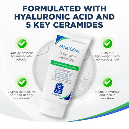 Vanicream Daily Facial Moisturizer With Ceramides and Hyaluronic Acid - Formulated Without Common Irritants for Those with Sensitive Skin, 3 fl oz (Pack of 1)