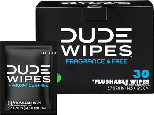 DUDE Wipes On-The-Go Flushable Wipes - 1 Pack, 30 Count - Unscented Extra-Large Individually Wrapped with Vitamin E & Aloe - Septic and Sewer Safe
