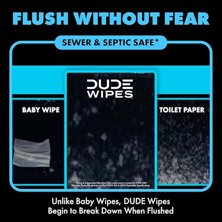 DUDE Wipes Unscented Flushable Wipes - Extra-Large Adult Wet Wipes for Sensitive Skin - 3 Pack (144 Count) - Infused with Vitamin E and Aloe - Septic and Sewer Safe