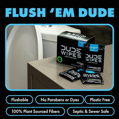 DUDE Wipes On-The-Go Flushable Wipes - 1 Pack, 30 Count - Unscented Extra-Large Individually Wrapped with Vitamin E & Aloe - Septic and Sewer Safe